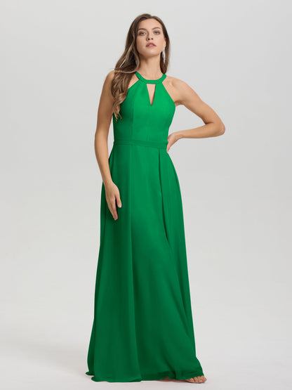 A-Line Hater Key Hole Sleeveless Floor Length Chiffon Bridesmaid Dress