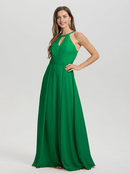 A-Line Hater Key Hole Sleeveless Floor Length Chiffon Bridesmaid Dress