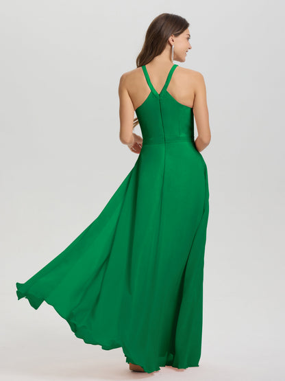 A-Line Hater Key Hole Sleeveless Floor Length Chiffon Bridesmaid Dress