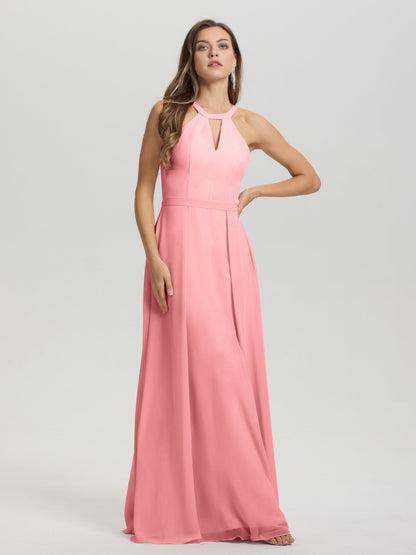 A-Line Hater Key Hole Sleeveless Floor Length Chiffon Bridesmaid Dress