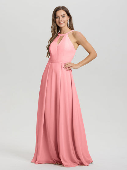 A-Line Hater Key Hole Sleeveless Floor Length Chiffon Bridesmaid Dress