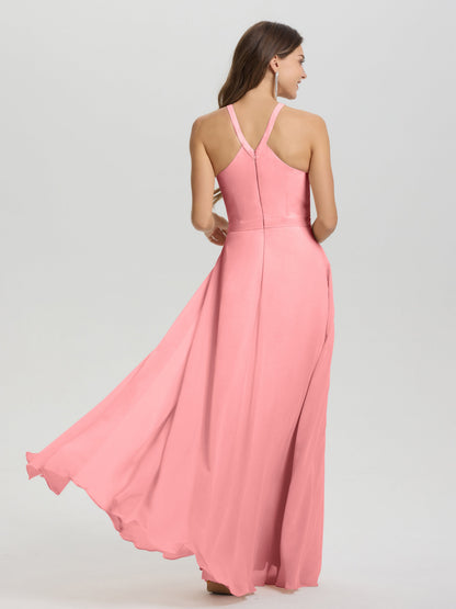 A-Line Hater Key Hole Sleeveless Floor Length Chiffon Bridesmaid Dress