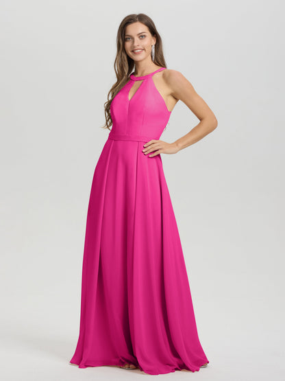 A-Line Hater Key Hole Sleeveless Floor Length Chiffon Bridesmaid Dress