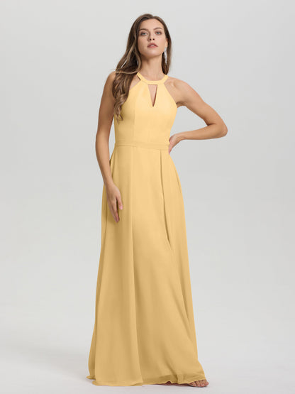 A-Line Hater Key Hole Sleeveless Floor Length Chiffon Bridesmaid Dress