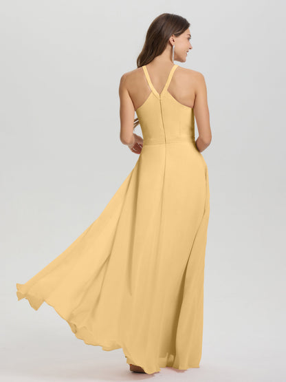 A-Line Hater Key Hole Sleeveless Floor Length Chiffon Bridesmaid Dress