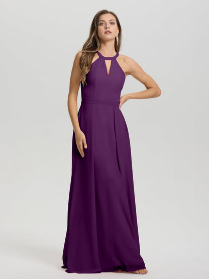 A-Line Hater Key Hole Sleeveless Floor Length Chiffon Bridesmaid Dress