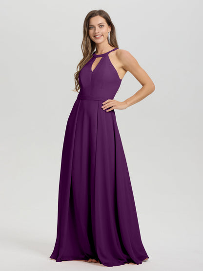 A-Line Hater Key Hole Sleeveless Floor Length Chiffon Bridesmaid Dress