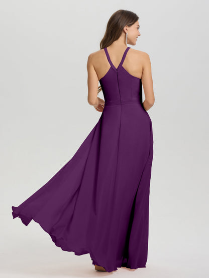 A-Line Hater Key Hole Sleeveless Floor Length Chiffon Bridesmaid Dress