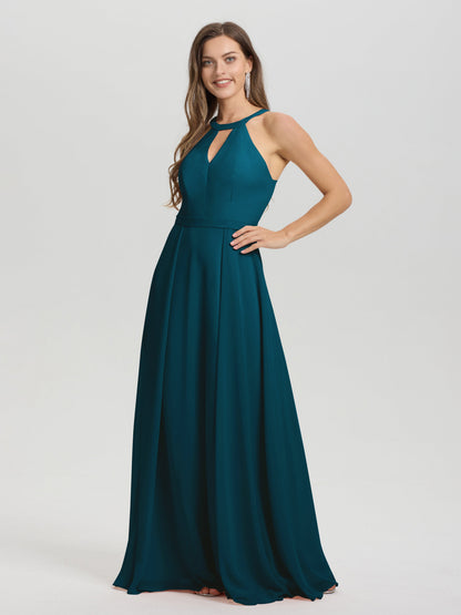A-Line Hater Key Hole Sleeveless Floor Length Chiffon Bridesmaid Dress