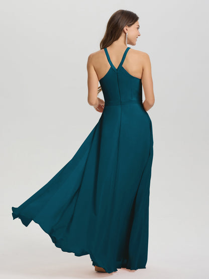 A-Line Hater Key Hole Sleeveless Floor Length Chiffon Bridesmaid Dress