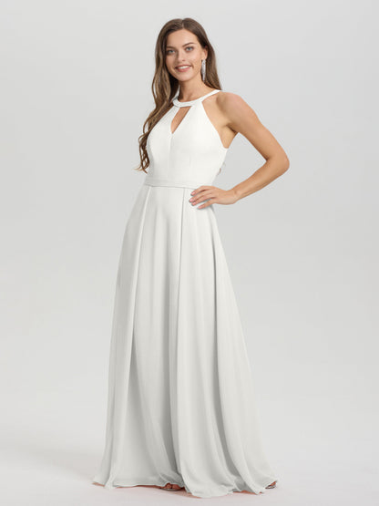 A-Line Hater Key Hole Sleeveless Floor Length Chiffon Bridesmaid Dress