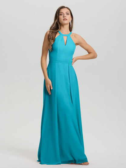 A-Line Hater Key Hole Sleeveless Floor Length Chiffon Bridesmaid Dress