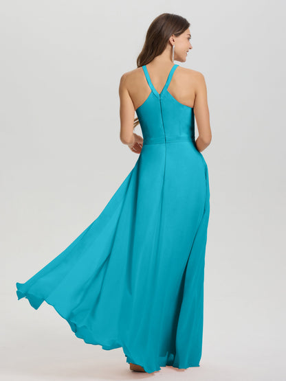 A-Line Hater Key Hole Sleeveless Floor Length Chiffon Bridesmaid Dress
