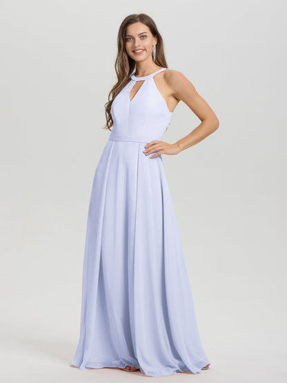 A-Line Hater Key Hole Sleeveless Floor Length Chiffon Bridesmaid Dress