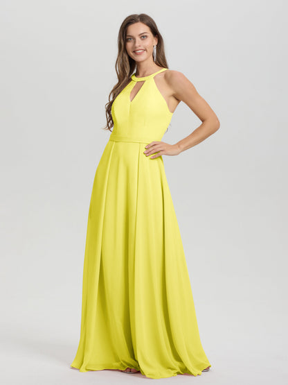 A-Line Hater Key Hole Sleeveless Floor Length Chiffon Bridesmaid Dress