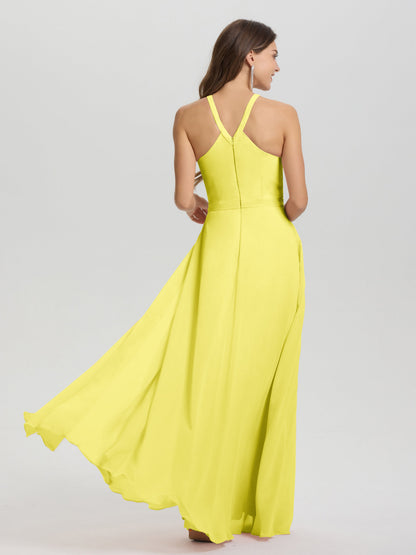 A-Line Hater Key Hole Sleeveless Floor Length Chiffon Bridesmaid Dress