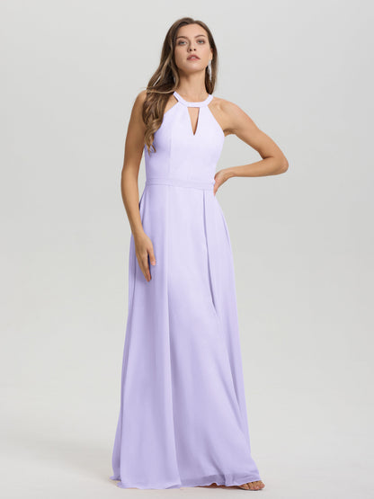 A-Line Hater Key Hole Sleeveless Floor Length Chiffon Bridesmaid Dress