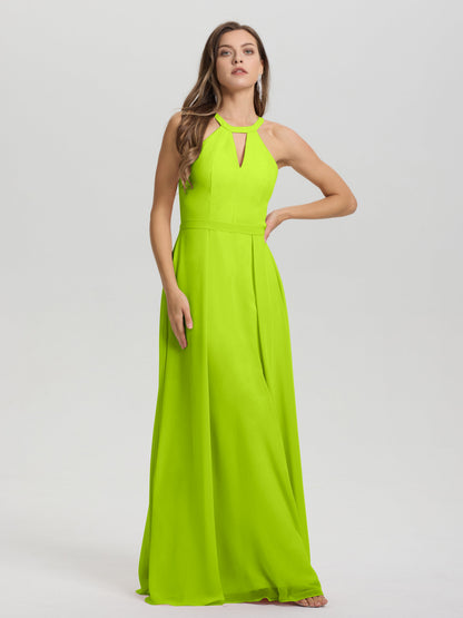 A-Line Hater Key Hole Sleeveless Floor Length Chiffon Bridesmaid Dress