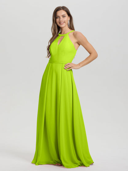 A-Line Hater Key Hole Sleeveless Floor Length Chiffon Bridesmaid Dress