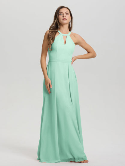 A-Line Hater Key Hole Sleeveless Floor Length Chiffon Bridesmaid Dress