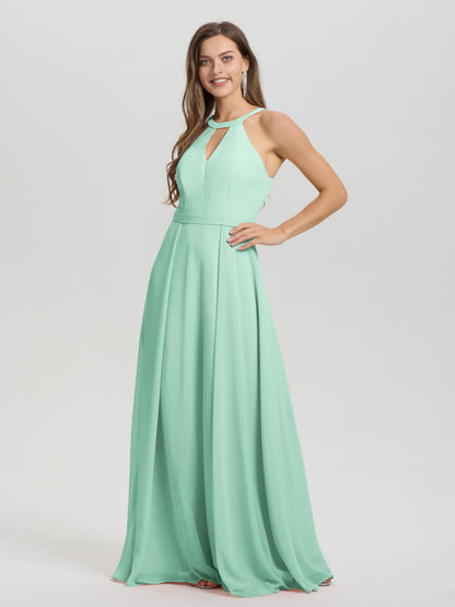 A-Line Hater Key Hole Sleeveless Floor Length Chiffon Bridesmaid Dress