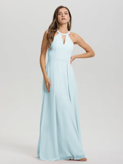 A-Line Hater Key Hole Sleeveless Floor Length Chiffon Bridesmaid Dress