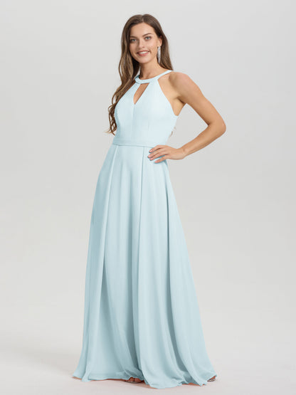 A-Line Hater Key Hole Sleeveless Floor Length Chiffon Bridesmaid Dress