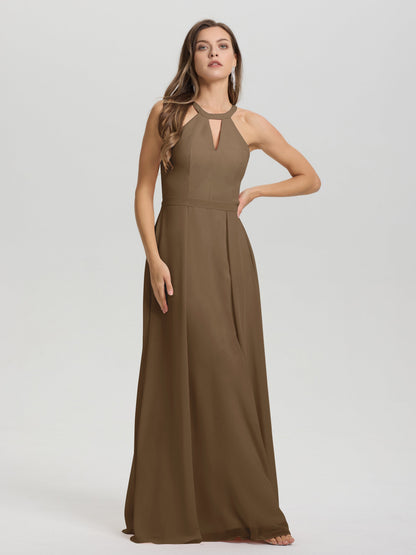 A-Line Hater Key Hole Sleeveless Floor Length Chiffon Bridesmaid Dress