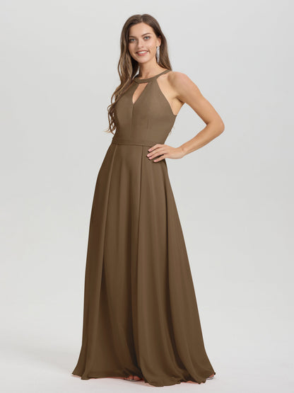 A-Line Hater Key Hole Sleeveless Floor Length Chiffon Bridesmaid Dress
