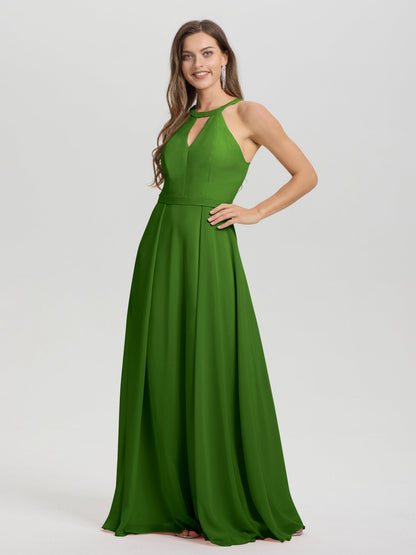 A-Line Hater Key Hole Sleeveless Floor Length Chiffon Bridesmaid Dress