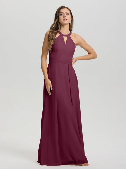 A-Line Hater Key Hole Sleeveless Floor Length Chiffon Bridesmaid Dress