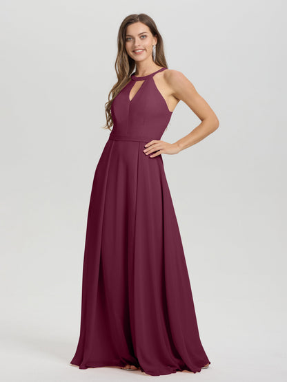 A-Line Hater Key Hole Sleeveless Floor Length Chiffon Bridesmaid Dress