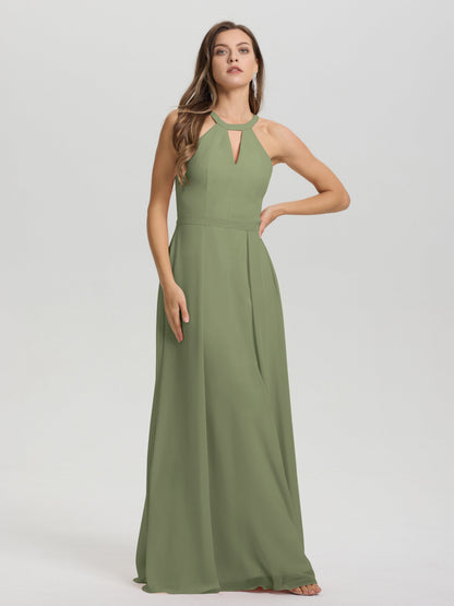 A-Line Hater Key Hole Sleeveless Floor Length Chiffon Bridesmaid Dress