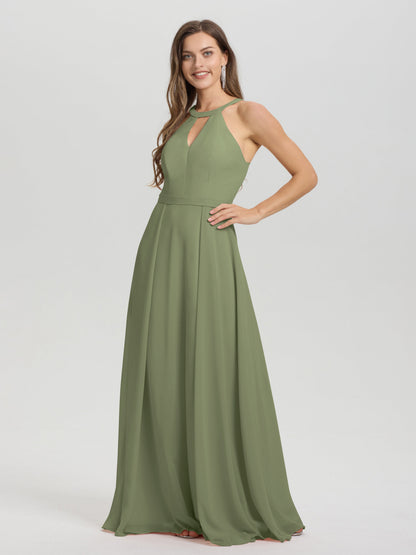 A-Line Hater Key Hole Sleeveless Floor Length Chiffon Bridesmaid Dress