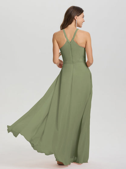 A-Line Hater Key Hole Sleeveless Floor Length Chiffon Bridesmaid Dress