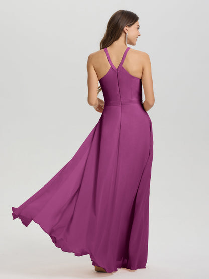A-Line Hater Key Hole Sleeveless Floor Length Chiffon Bridesmaid Dress