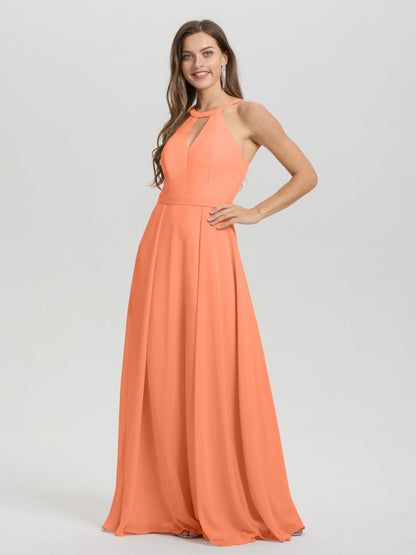A-Line Hater Key Hole Sleeveless Floor Length Chiffon Bridesmaid Dress