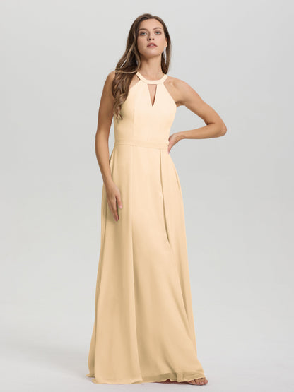 A-Line Hater Key Hole Sleeveless Floor Length Chiffon Bridesmaid Dress
