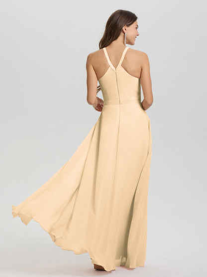 A-Line Hater Key Hole Sleeveless Floor Length Chiffon Bridesmaid Dress