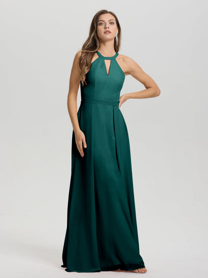 A-Line Hater Key Hole Sleeveless Floor Length Chiffon Bridesmaid Dress
