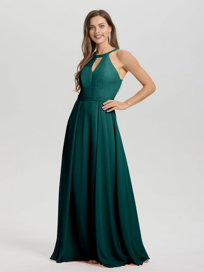 A-Line Hater Key Hole Sleeveless Floor Length Chiffon Bridesmaid Dress