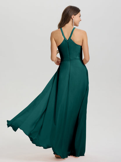 A-Line Hater Key Hole Sleeveless Floor Length Chiffon Bridesmaid Dress