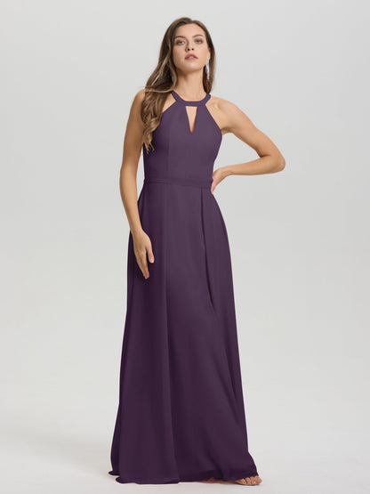 A-Line Hater Key Hole Sleeveless Floor Length Chiffon Bridesmaid Dress