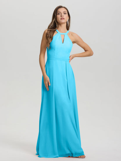 A-Line Hater Key Hole Sleeveless Floor Length Chiffon Bridesmaid Dress