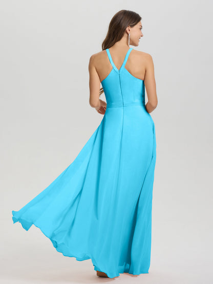 A-Line Hater Key Hole Sleeveless Floor Length Chiffon Bridesmaid Dress