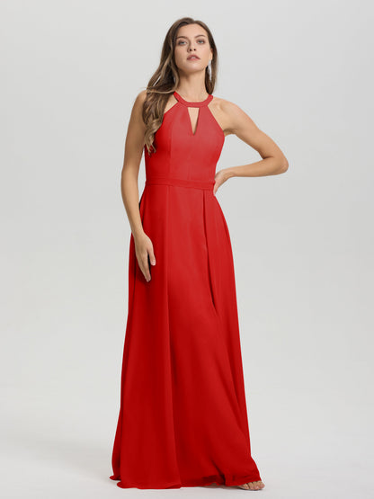 A-Line Hater Key Hole Sleeveless Floor Length Chiffon Bridesmaid Dress