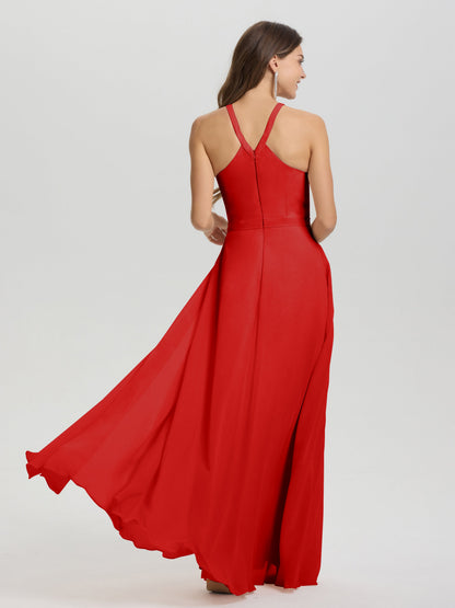 A-Line Hater Key Hole Sleeveless Floor Length Chiffon Bridesmaid Dress