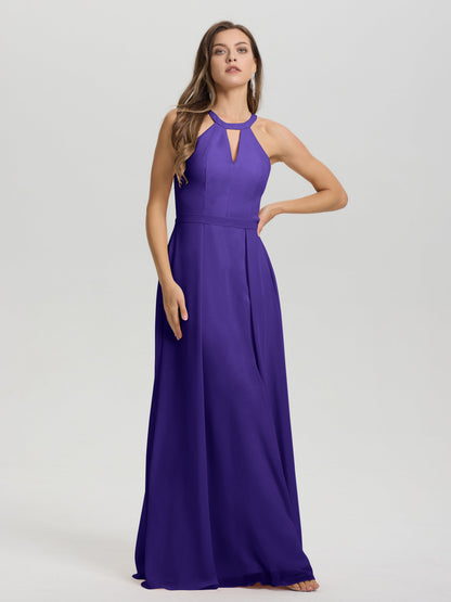 A-Line Hater Key Hole Sleeveless Floor Length Chiffon Bridesmaid Dress
