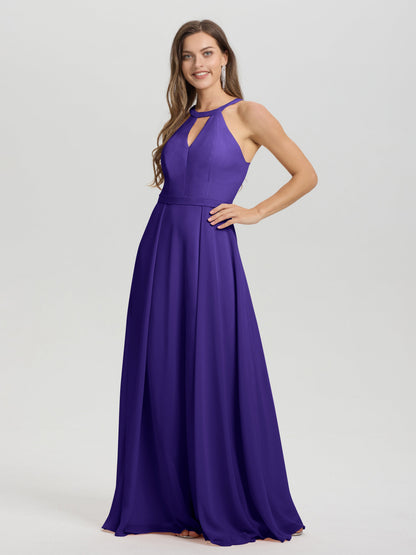 A-Line Hater Key Hole Sleeveless Floor Length Chiffon Bridesmaid Dress