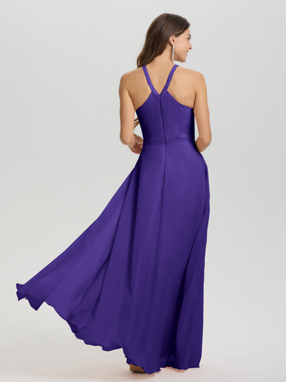 A-Line Hater Key Hole Sleeveless Floor Length Chiffon Bridesmaid Dress